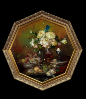Signed József Fürst, framed 8-angled oil still life 85 cm in a decorative frame