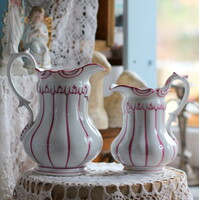 Két bieder, bíder, biedermeier porcelán kanna, kiöntő, lila kézi festéssel