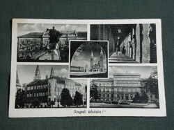 Postcard, Szeged, mosaic details, town hall, church, monument, statue, 1944