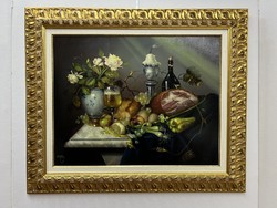 Signed József Fürst, framed large oil still life in an ornate frame