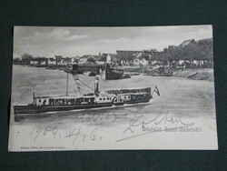 Postcard, Szentendre, Danube bank detail, fishing boat, Leányfalu paddle-wheel steamboat, 1904