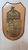 Hungarian coat of arms bronze wall decoration on a wooden base.
