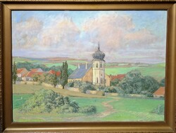 German landscape with church tower, 1920s - Bavaria? - In a pastel frame, signed
