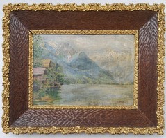Mednyánszky (1852-1919) marked: mountain lake with hut. Signed oil painting.