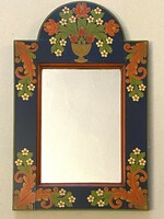 Raven László floral folk painted wooden wall mirror 32 x 50.5 Cm
