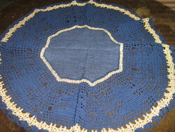Beautiful hand crocheted round wavy dark blue gold needlework tablecloth