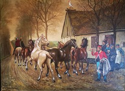 A painting depicting an equestrian scene