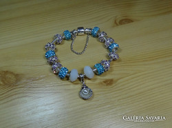 Pandora style bracelet with 16 crystal stone beads and chain guard