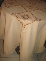 Beautiful huge crocheted edge embroidered azure woven needlework tablecloth
