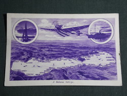 Postcard, the Balaton, graphic map, settlements, seaplane, plane, ship, 1940