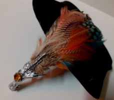A silver-plated bird's foot-shaped tooth decorated with old bird feathers in a stone brooch