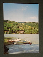 Postcard, Tokaj, landscape detail, vineyard hill, bodrog, Tisza, jetty, motorboat, 1970-80