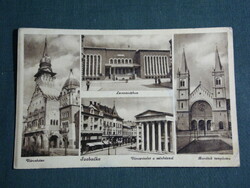 Képeslap, Szabadka, mozaik részletek,városháza,templom,színház,leventeotthon, 1930-40