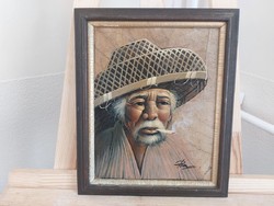 (K) Asian painting on signed tobacco leaf (?) 26X30 cm frame