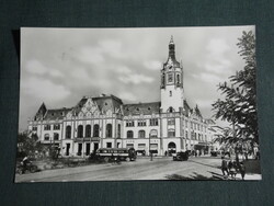 Postcard, view of Kiskunféle church, council house, bus, 1960-70