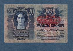 20 Korona 1913 I. kiadás F Deutschösterreich bélyegzés a Császári Címer alatt  Ritka!!!