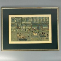 1940-es évek kisvárosi életkép  - tus, egyedi grafika -
