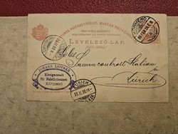 1898-as UPU Levelezőlap 5 fillér díjjegyes Körmend-Züric