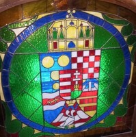 Around 100-120 years old, stained glass window with the coat of arms of the Hungarian kingdom! H: 145cm, W: 150cm,