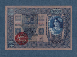 1000 Korona 1902 vf-ef Hungary with overstamp, shifted overprint rare !!!