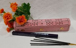Rustic painted pink Indian wood incense holder with yin-yang symbols and gift incense