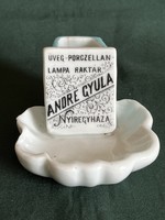 André Gyula üveg- porczellán lámpa raktár Nyíregyháza porcelán reklám gyufatartó (P0012)