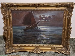 Cz. Szüts Sándor (1887-1942): Scheveningen, Hollandia, -tengerparti hajós festmény hibátlan keretben