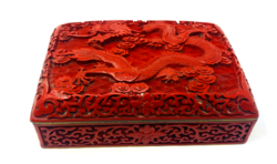 Old carved cinnabar red Chinese, inside blue enameled dragon lacquer box rz