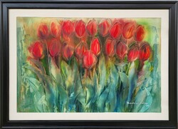 110x80cm!! Macskássy Izolda (1945 - 2021) Tulipánok c.selyem kollázs festménye Eredeti Garanciával!!
