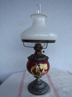 Art Nouveau majolica table kerosene lamp, milk glass shade, restored