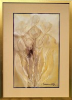 Izolda Macskássy (1945 - 2021) golden flowers c.Silk collage picture with original guarantee!