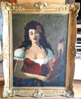 Gypsy girl with a violin, oil on canvas, from HUF 1.