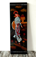 Old beautiful hand-painted, mother-of-pearl inlaid oriental lacquered wood wall picture