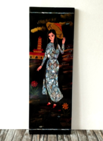 Old beautiful hand-painted, mother-of-pearl inlaid oriental lacquered wood wall picture