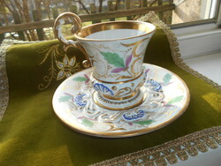 Large tea cup + base. Biedermeier with protruding decoration-hand painting