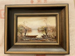 Oster dezső: Tisza bank oil-on-wood painting 15*20