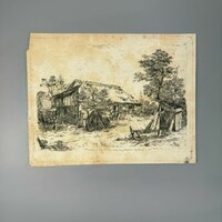 Ismeretlen festő - elhagyott tanya, acélmetszet karton 19. század -