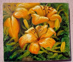 Orange flovers by sandra, modern impressionist style stretched oil canvas painting