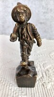 Antique bronze, marked statue of a boy with a rifle, rich in details, slightly rotatable on its base