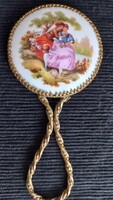 Vintage Limoges Fragonard marked porcelain hand mirror with courtship scene, gilded frame
