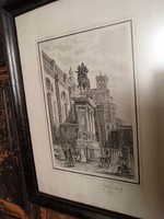 Gyula Oláh etching or engraving from 1877, antique print, city detail, reframed and marked, 20/1