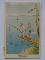 Old humorous graphic postcard: vízí-kibic - drawing by József Tóth