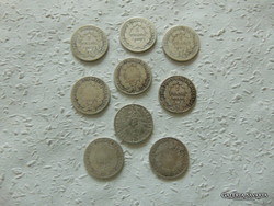 Franciaország ezüst 1 frank 9 darab LOT !