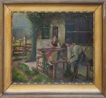 Bartholomeidesz Kálmán lócán beszélgetők olajfestménye eladó. Aláírt. 1924.