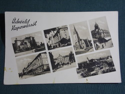 Postcard, Kaposvár, row of shops, theater, monument, town hall, red star cinema, view, park, 1951
