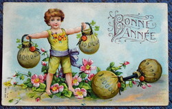 Antique embossed New Year litho postcard - weightlifting boy money bag