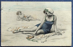 Antique rare m m vienne tinted graphic greeting card - ladies bathing