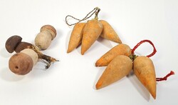 Antique/vintage paper or cotton mache Christmas tree decorations / mushrooms and carrots :)