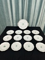 12 személyes Herendi zöld virágos mintás süteményes készlet 13db