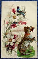 Antique genuine decoupage artist postcard guillot - daffodil, hunting dog, bird